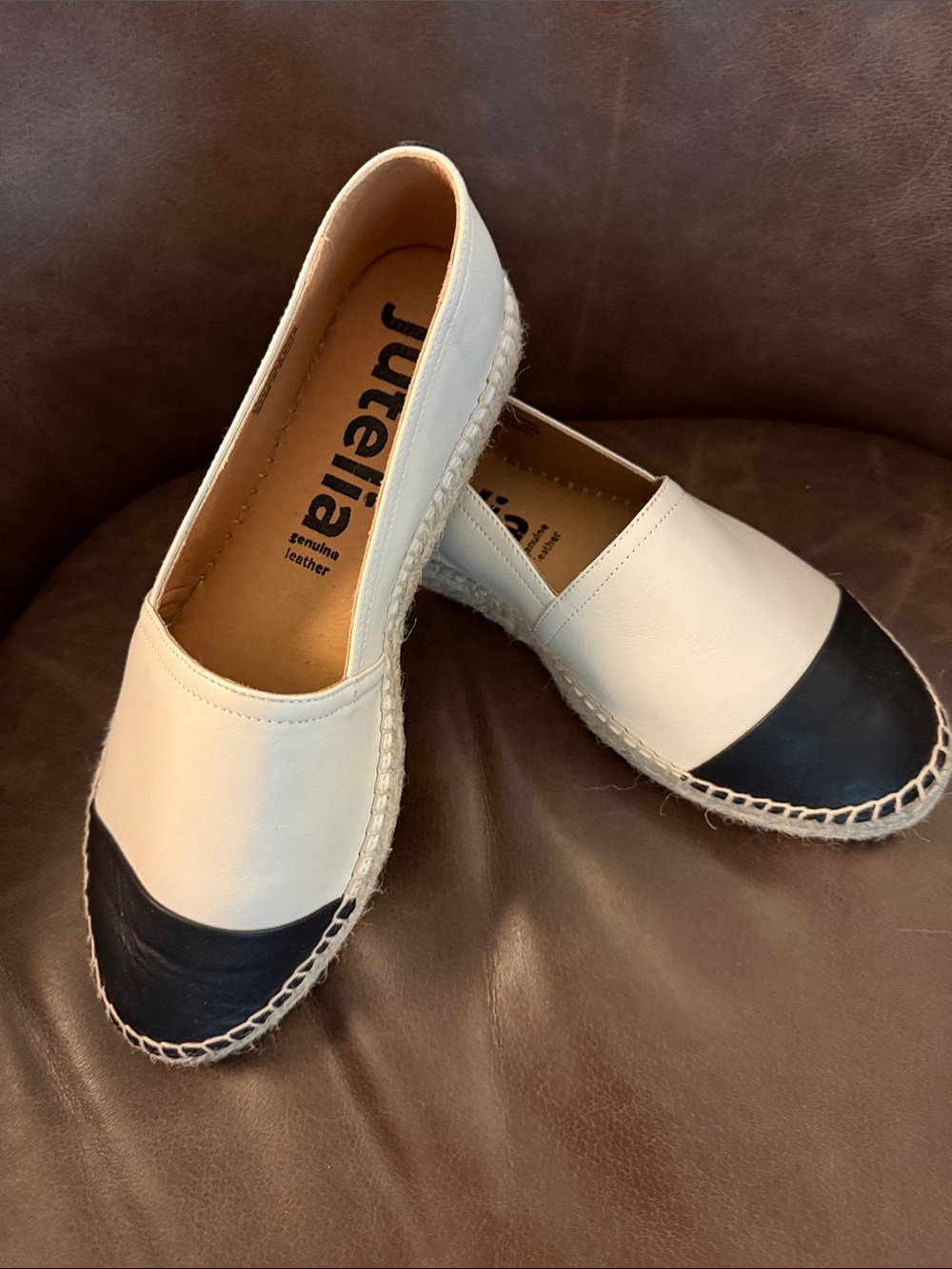 Juteria Two-Tone Leather Espadrille Slip-Ons in White and Black
